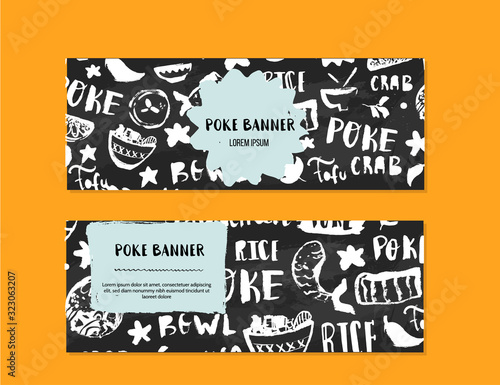 Poke bowl restaurant banner design. Colorful grunge cafe template, healthy hawaiian nutrition, fish banner