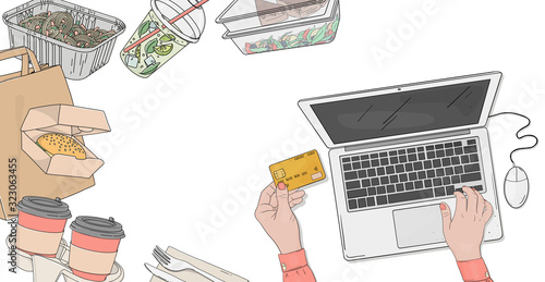 Person orders food online and pays with a Bank card. Food delivery. Space for your text. Template.