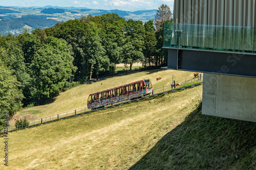 The Gurten funicular lets you to reach a paradise of green meadows and breathtaking views of the snowy caps of the Bernese Oberland region, the sparkling Aare river and the city of Bern, Switzerland