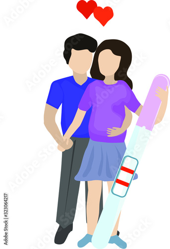 A loving couple in a flat style holds a positive pregnancy test. A man hugs his girlfriend. The news of pregnancy. Vector image.