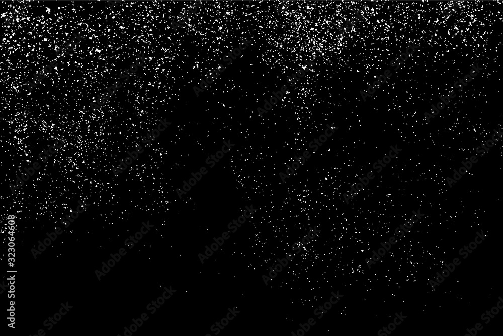 White Grainy Texture Isolated On Black Background. Dust Overlay. Light Coloured Noise Granules. Snow Vector Elements. Digitally Generated Image. Illustration, Eps 10. White Grainy Texture Isolated On Black Background. Dust Overlay. Light Coloured Noise Granules. Snow Vector Elements. Digitally Generated Image. Illustration, Eps 10.