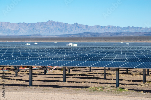 A field of solar panels in a rapidly growing solar energy development corridor in the Mojave Desert.
