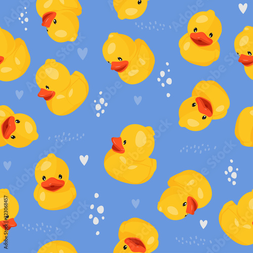Yellow rubber duck seamless pattern. Fun kids background.