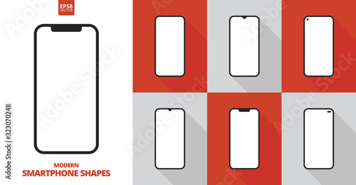 Set of modern smartphones flat style icons. Cell phone with sensor display in various constructive designs. Shape of mobile devices with blank screen. Touchscreen copy space. EPS8 vector illustration.