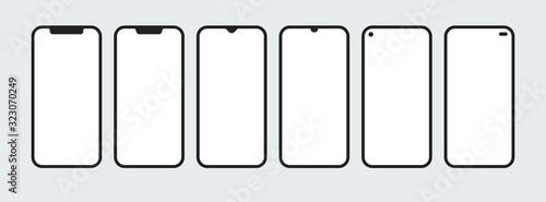 Set of smartphone shapes with blank screens in flat style. Cell phone with sensor display in various constructive designs. Isolated icons of mobile devices with empty space. EPS8 vector illustration.