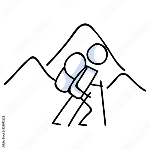 Hiking stick figure near mountain line art icon. Carrying backpack, track pole . Outdoor leisure walking, climbing and trekking lifestyle. Wilderness adventure and nature travel bonding.