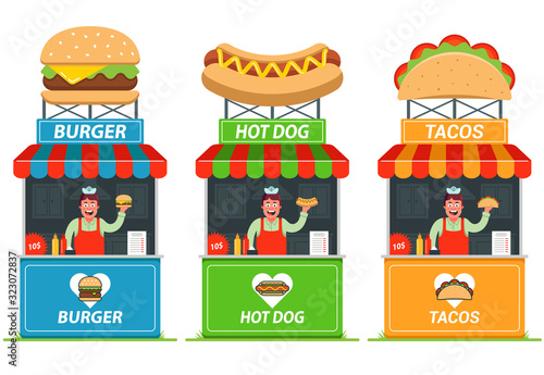 Set of stalls with fast food. Cheerful seller at the kiosk. flat vector illustration.