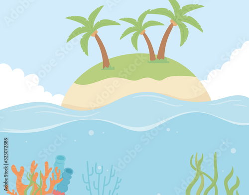 island beach palms reef coral under the sea cartoon