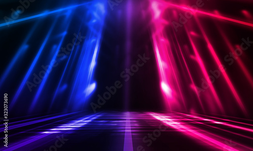 Empty stage  blue and pink  purple  neon  abstract background. Rays of searchlights  light  abstract tunnel  corridor.