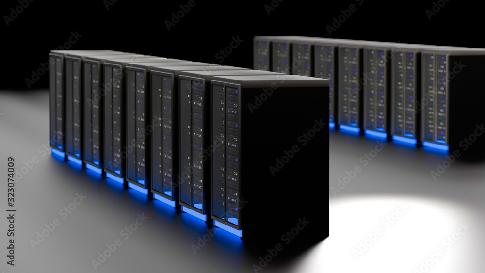 Obraz premium Server room data center. Backup, mining, hosting, mainframe, farm and computer rack with storage information. 3d render