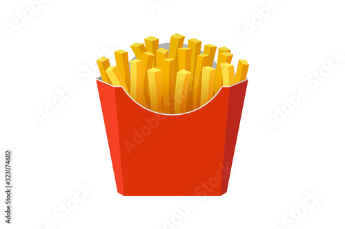 French fries potato tasty fast street food in red paper carton package box. Vector flat illustration isolated on white background