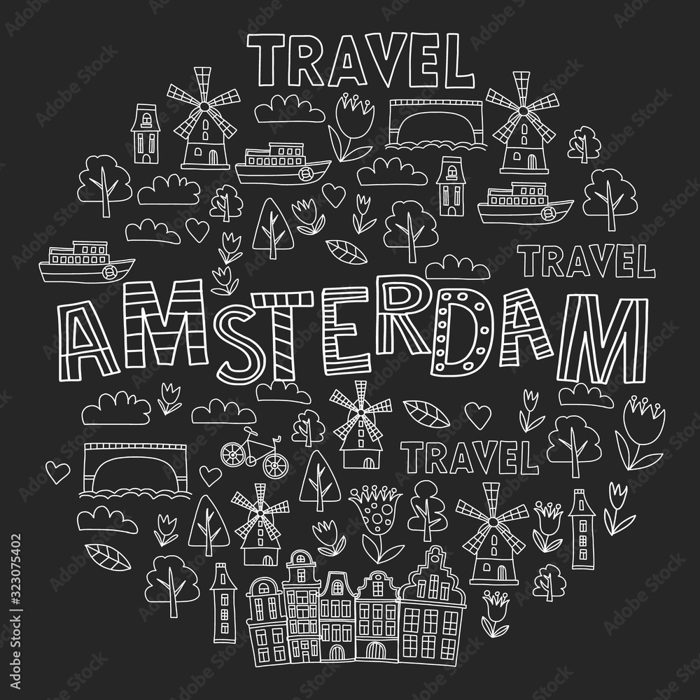 Vector pattern with Holland, Netherlands, Amsterdam icons. Doodle style. Vector pattern with Holland, Netherlands, Amsterdam icons. Doodle style.