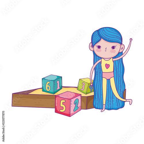 happy childrens day, girls in sandbox with numbers blocks park