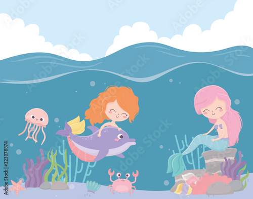 mermaids jellyfish crab starfish coral cartoon under the sea