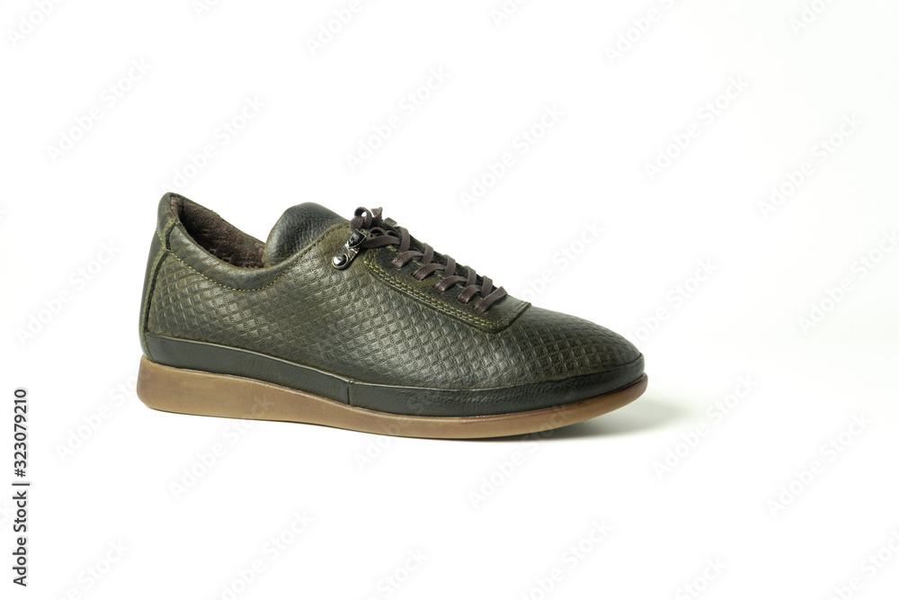 women's heeled shoes, flat sole sports shoes, patent leather shoes on a white background