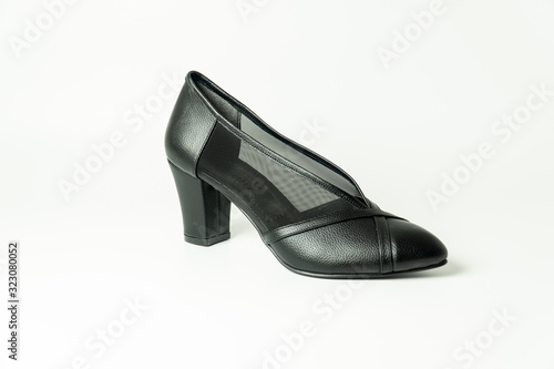 women's heeled shoes, flat sole sports shoes, patent leather shoes on a white background