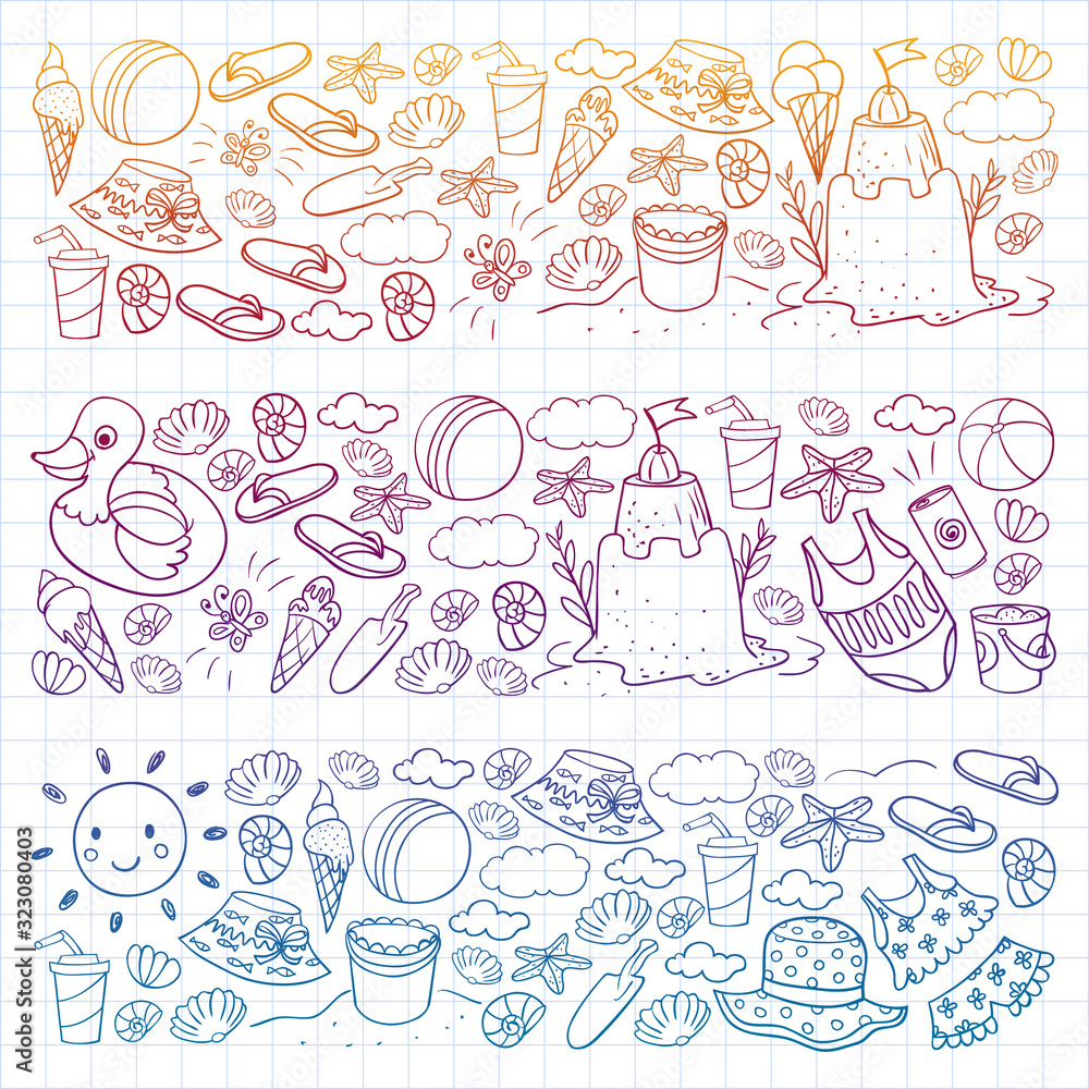 Vector set of beach icons for summer posters, banners. Sea, ocean vacations. Kids drawing style.