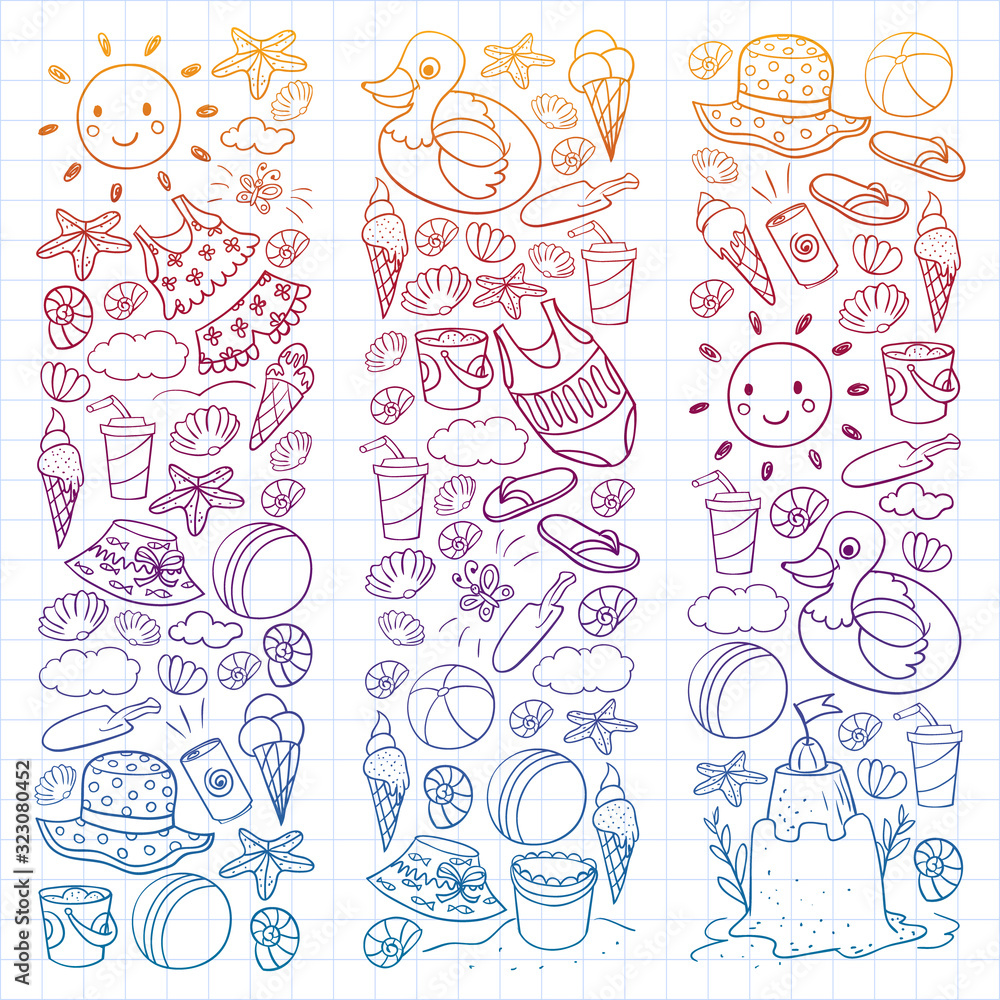 Vector set of beach icons for summer posters, banners. Sea, ocean vacations. Kids drawing style. Vector set of beach icons for summer posters, banners. Sea, ocean vacations. Kids drawing style.