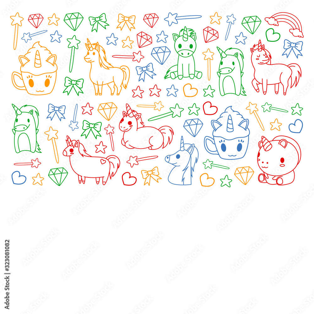 Children pattern with fairy tale unicors for kids clothes, posters, banners, shirts. Vector image with cartoon character. Children pattern with fairy tale unicors for kids clothes, posters, banners, shirts. Vector image with cartoon character.