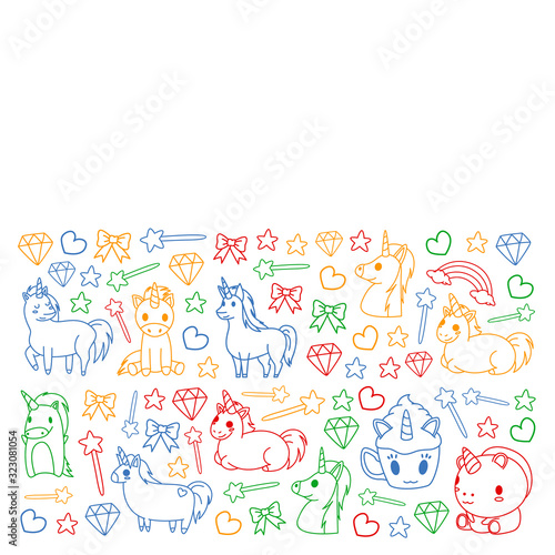 Children pattern with fairy tale unicors for kids clothes, posters, banners, shirts. Vector image with cartoon character.
