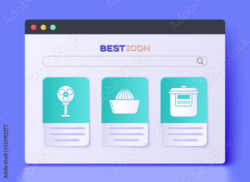 Set Citrus fruit juicer , Electric fan and Slow cooker icon. Vector