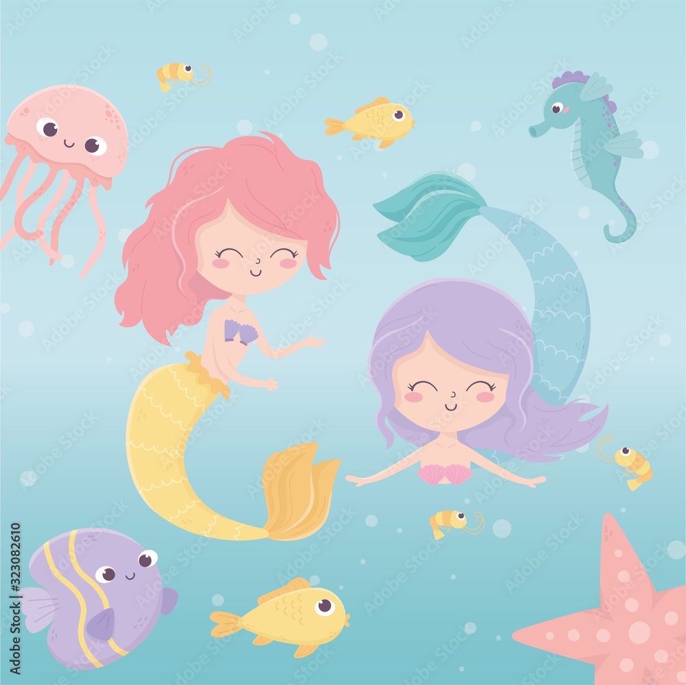 Fototapeta premium mermaids jellyfish octopus starfish fishes shrimp cartoon under the sea