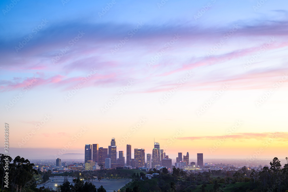 Downtown Los Angeles skyscrapers at sunset