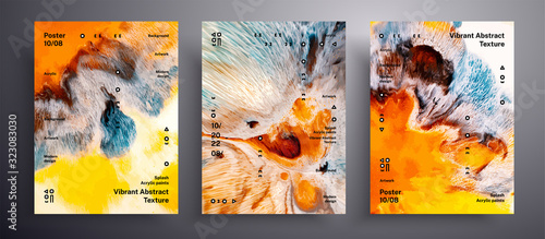 Abstract acrylic poster, fluid art vector texture set. Beautiful background that applicable for design cover, poster, brochure and etc. Yellow, orange, blue and white unusual creative surface template