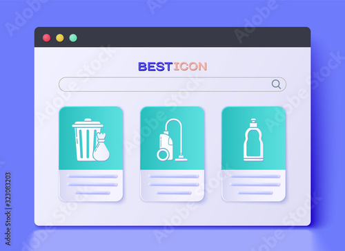 Set Vacuum cleaner , Trash can and garbage bag and Plastic bottles for liquid dishwashing liquid icon. Vector