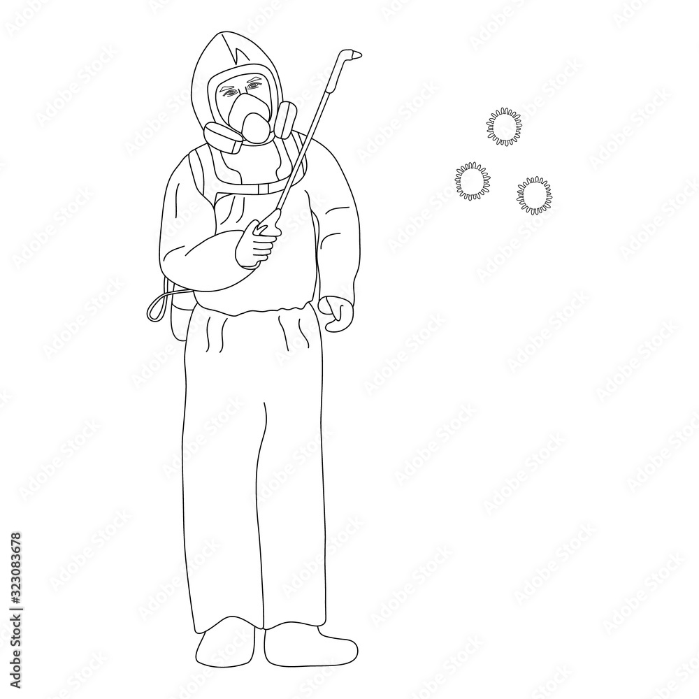 The specialist disinfects the air from the coronavirus infection COVID-19. Sketch. Vector illustration. Outline on an isolated background. Coloring book. Disinfector in mask and protective suit. The specialist disinfects the air from the coronavirus infection COVID-19. Sketch. Vector illustration. Outline on an isolated background. Coloring book. Disinfector in mask and protective suit.