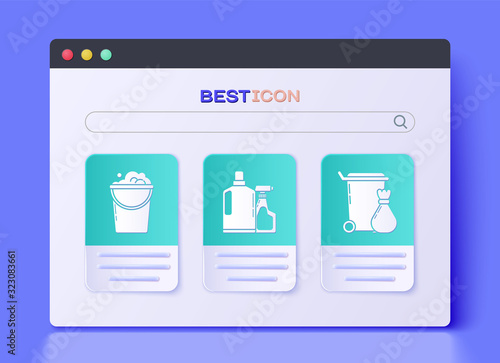 Set Plastic bottles for liquid dishwashing liquid, Bucket with foam and bubbles and Trash can icon. Vector