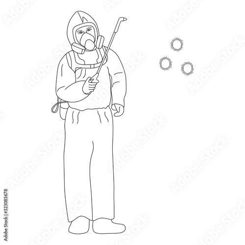 The specialist disinfects the air from the coronavirus infection COVID-19. Sketch. Vector illustration. Outline on an isolated background. Coloring book. Disinfector in mask and protective suit. 