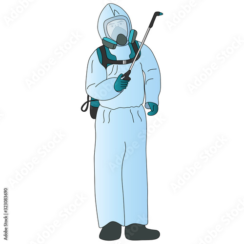 The specialist disinfects the air from the coronavirus infection COVID-19. Vector illustration. Isolated background. Cartoon style. Disinfector in mask and protective suit. Medical topics.