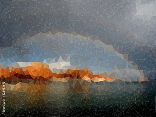 lowpoly landscape with lake and mountain and rainbow