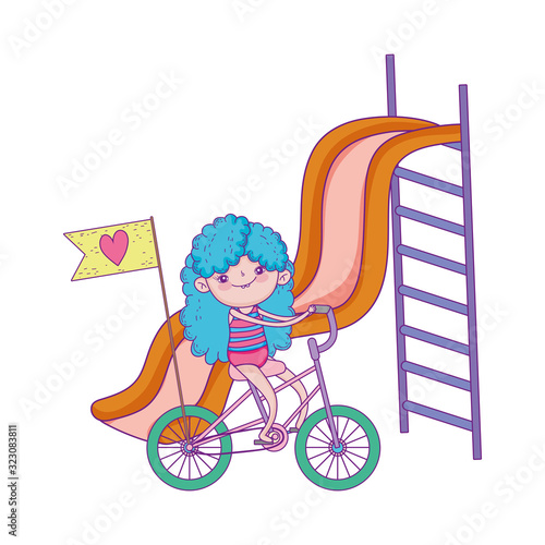 happy childrens day, girl playing in slide and girl riding bike in the park