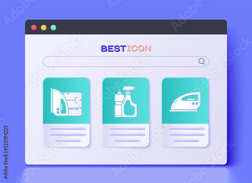 Set Plastic bottles for liquid dishwashing liquid, Electric iron and towel and Electric iron icon. Vector