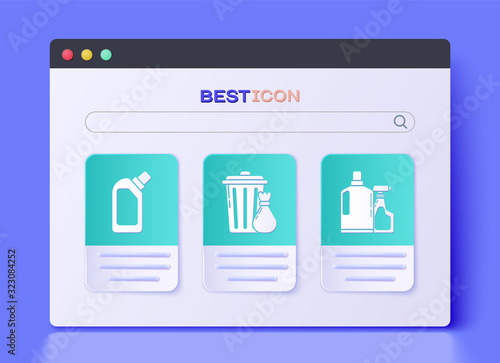 Set Trash can and garbage bag , Plastic bottles for liquid dishwashing liquid and Plastic bottles for liquid dishwashing liquid icon. Vector