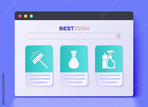 Set Garbage bag , Squeegee, scraper, wiper and Plastic bottles for liquid dishwashing liquid icon. Vector