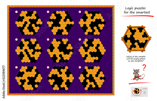 Logic puzzle game for children and adults. Which of the samples will fill empty places on the template? Printable page for brain teaser book. Developing kids spatial thinking. Vector cartoon image.