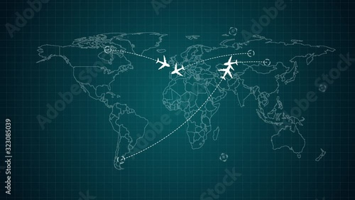 Blue glowing map of the world with flat animated airplanes and flight trajectories. Lot or arcs and lines, connecting points. Global air travel or business concept. Seamless loop with alpha channel.