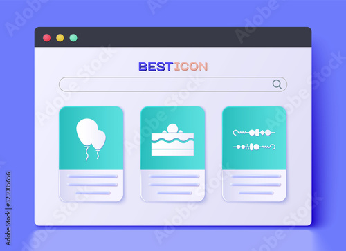 Set Cake , Balloons with ribbon and Grilled shish kebab icon. Vector