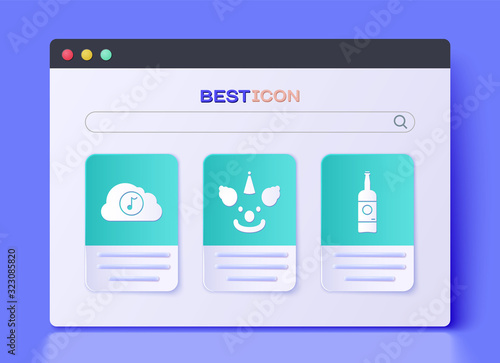 Set Clown head , Music streaming service and Beer bottle icon. Vector
