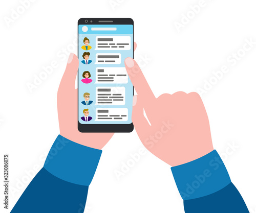 In hands of smartphone with chat application. Communication, discussion, conversation in short messages. Exchange of opinions online. Vector illustration on white background.