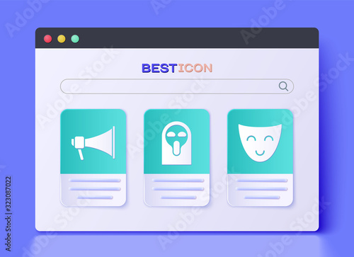 Set Funny and scary ghost mask, Megaphone and Comedy theatrical mask icon. Vector