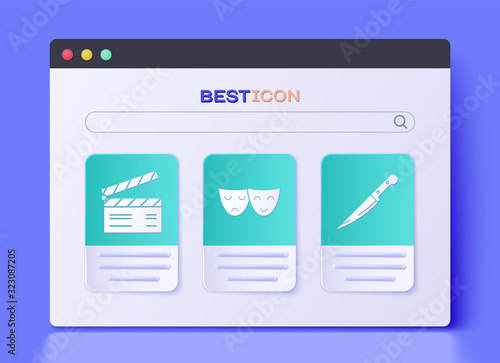 Set Comedy and tragedy theatrical masks , Movie clapper and Knife icon. Vector