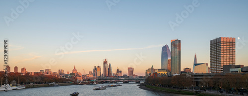 Panoramic scene of London skyline at dusk