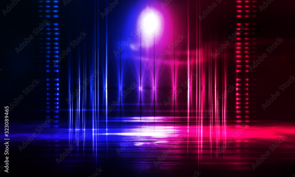 Background of empty show scene. Empty dark modern abstract neon background. Glow of neon lights on an empty stage, diodes, rays and lines. Lights of the night city. 