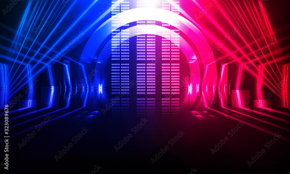 Background of empty show scene. Empty dark modern abstract neon background. Glow of neon lights on an empty stage, diodes, rays and lines. Lights of the night city. Background of empty show scene. Empty dark modern abstract neon background. Glow of neon lights on an empty stage, diodes, rays and lines. Lights of the night city.