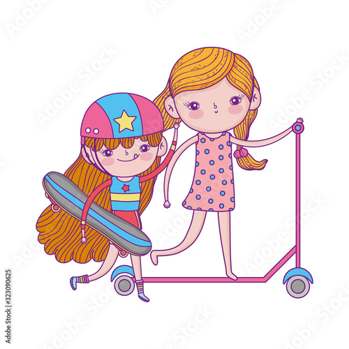 happy childrens day, girls with scooter and skateboard outdoor