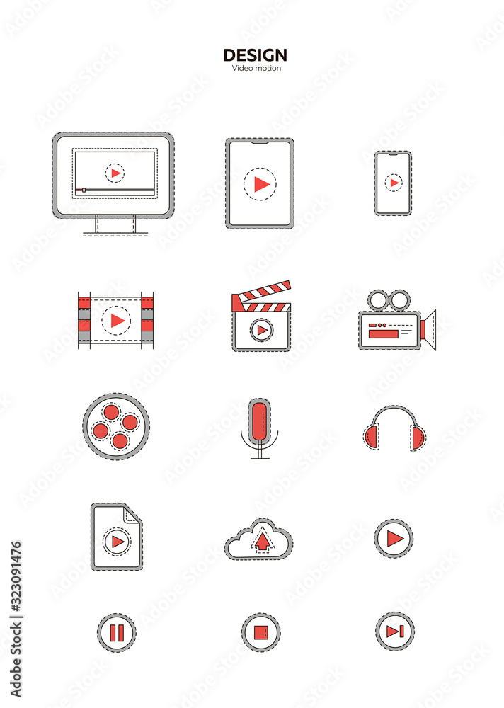 Set of video, cinema, linear icons,movie clapper, film strip, play video, microphone, headphones, download cloud, pause, stop player, fast forward, player icon on mobile, computer. Vector illustration